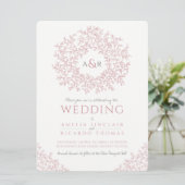 Invitation Mariage monogramme de feuille rose pâle blanc dess (Debout devant)