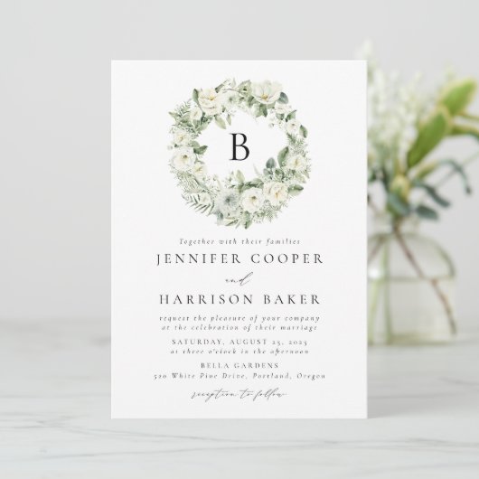 Invitation Mariage Monogramme de fleurs blanches et de verdur (Debout devant)