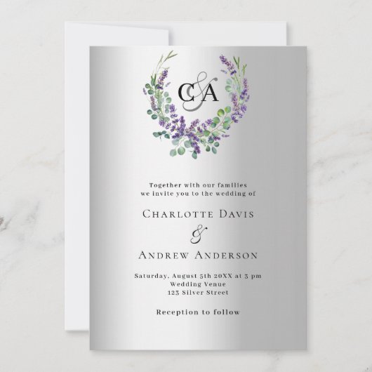 Invitation Mariage monogramme de fleurs violettes de lavande (Devant)