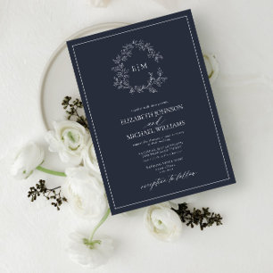 Invitation Mariage Monogramme de la marine moderne Blue Leafy