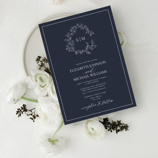Invitation Mariage Monogramme de la marine moderne Blue Leafy