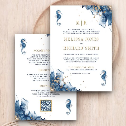 Invitation Mariage Monogramme de la Marine Nautilique Code QR