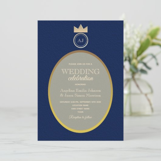 Invitation Mariage Monogramme de luxe Gold Navy (Debout devant)