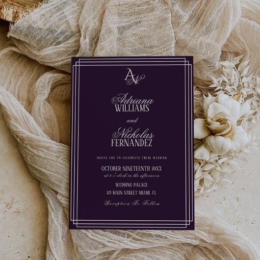 Invitation Mariage Monogramme de Luxe Prune