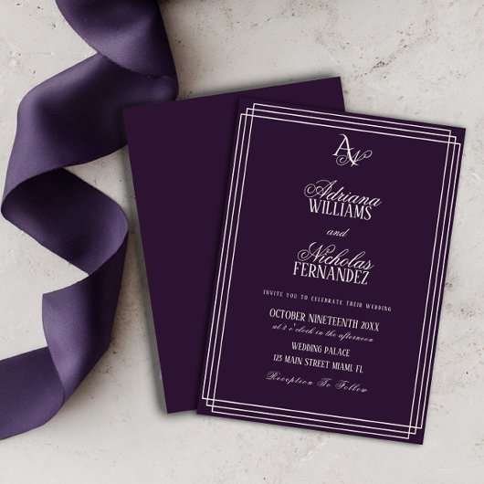 Invitation Mariage Monogramme de Luxe Prune