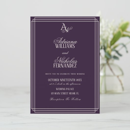 Invitation Mariage Monogramme de Luxe Prune (Debout devant)