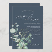 Invitation Mariage Monogramme d'opulence bleue royale Eucalyp (Devant / Derrière)