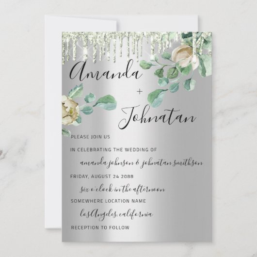 Invitation Mariage Monogramme Drives Florals Mint Vert Argent (Devant)