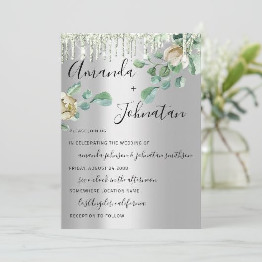 Invitation Mariage Monogramme Drives Florals Mint Vert Argent (Debout devant)
