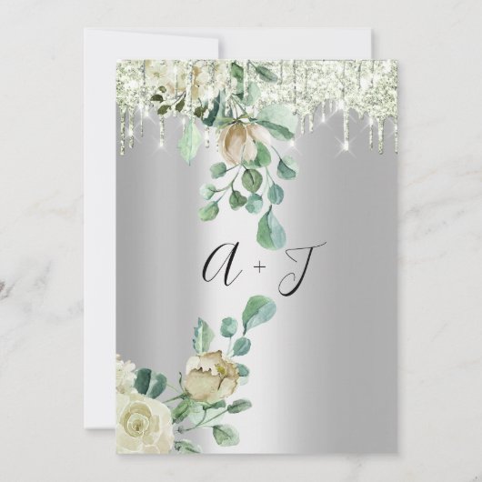 Invitation Mariage Monogramme Drives Florals Mint Vert Argent (Dos)