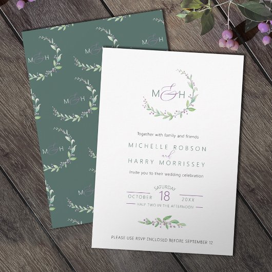 Invitation Mariage monogramme du feuillage vert mauve