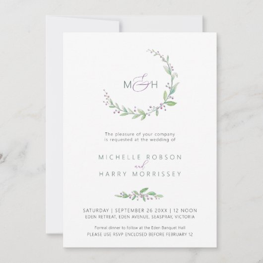 Invitation Mariage monogramme du feuillage vert mauve (Devant)