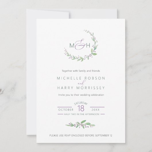 Invitation Mariage monogramme du feuillage vert mauve (Devant)