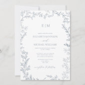 Invitation Mariage Monogramme Élégant bleu à feuilles minimal (Devant)