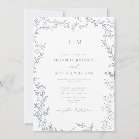 Invitation Mariage Monogramme Élégant bleu à feuilles minimal (Devant)