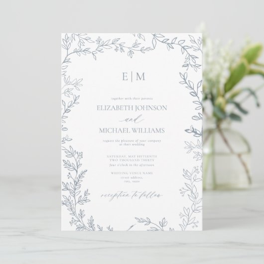 Invitation Mariage Monogramme Élégant bleu à feuilles minimal (Debout devant)