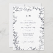 Invitation Mariage Monogramme Élégant bleu marine à feuilles  (Devant)