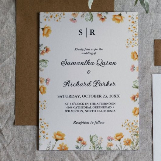Invitation Mariage monogramme Elegant Fleur sauvage de trame