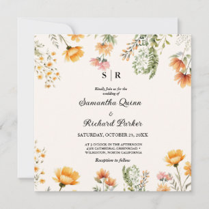 Invitation Mariage monogramme Elegant Fleur sauvage de trame