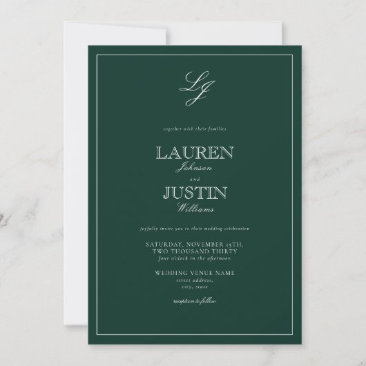 Invitation Mariage Monogramme Emerald Green Classic (Devant)
