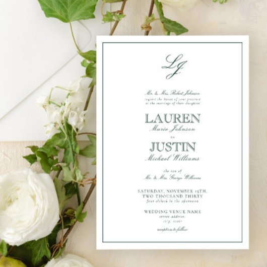 Invitation Mariage Monogramme Emerald Green Classic