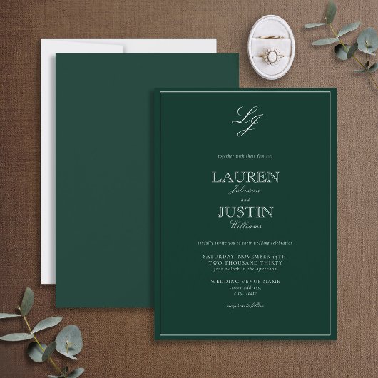 Invitation Mariage Monogramme Emerald Green Classic