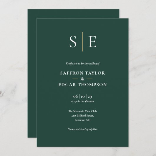 Invitation Mariage Monogramme Emerald Green Et Gold (Devant / Derrière)