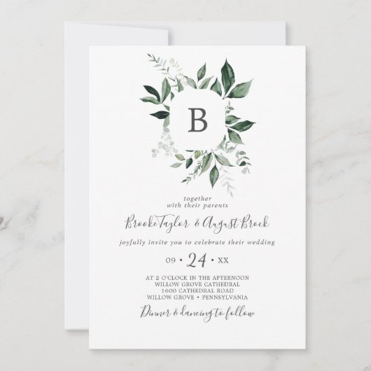 Invitation Mariage Monogramme Emerald Greenery (Devant)