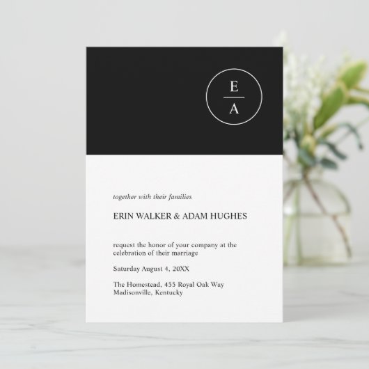 Invitation Mariage monogramme en cercle noir et blanc (Debout devant)
