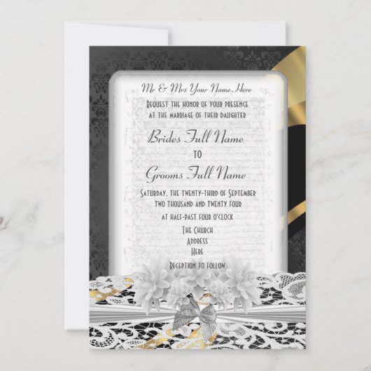 Invitation Mariage monogramme en dentelle blanche en or noir (Devant)