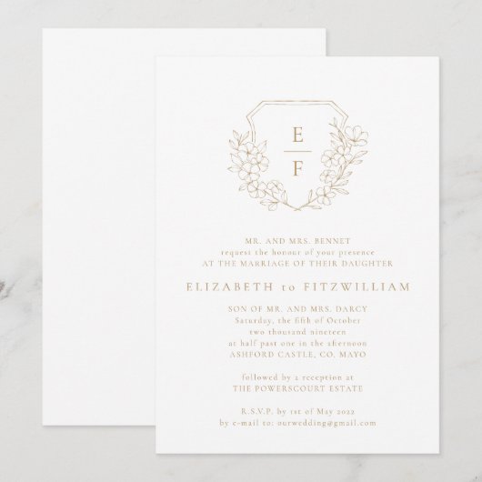 Invitation Mariage Monogramme en or simple cerisier (Devant / Derrière)