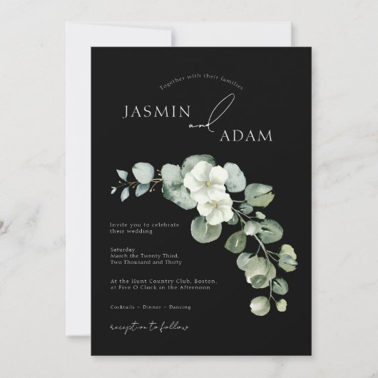 Invitation Mariage Monogramme Eucalyptus noir simple (Devant)