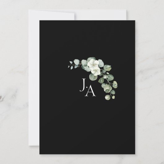 Invitation Mariage Monogramme Eucalyptus noir simple (Dos)