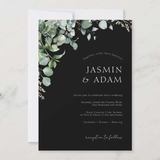 Invitation Mariage Monogramme Eucalyptus noir simple (Devant)