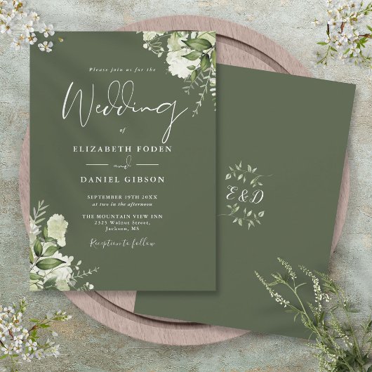 Invitation Mariage Monogramme Feuillage de verdure vert olive