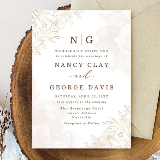Invitation Mariage Monogramme Feuille simple Elegance Boho