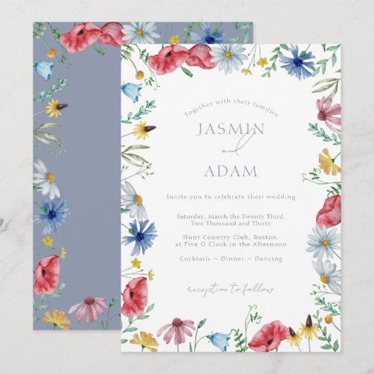 Invitation Mariage Monogramme Fleur de Champ Bleu Poussiéreux (Devant / Derrière)