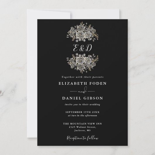 Invitation Mariage Monogramme Floral Gothique Noir Et Blanc (Devant)
