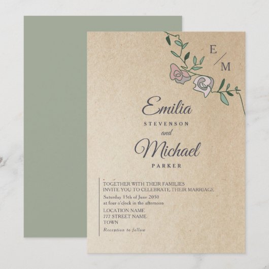 Invitation Mariage Monogramme Floral Kraft Rustique (Devant / Derrière)