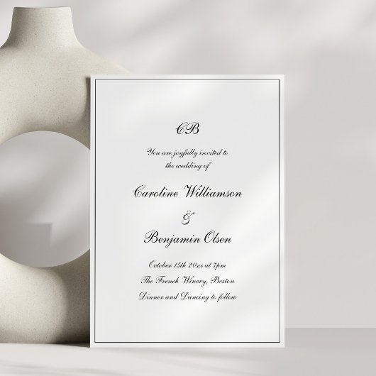 Invitation Mariage Monogramme Formel Noir Blanc Écriture Clas