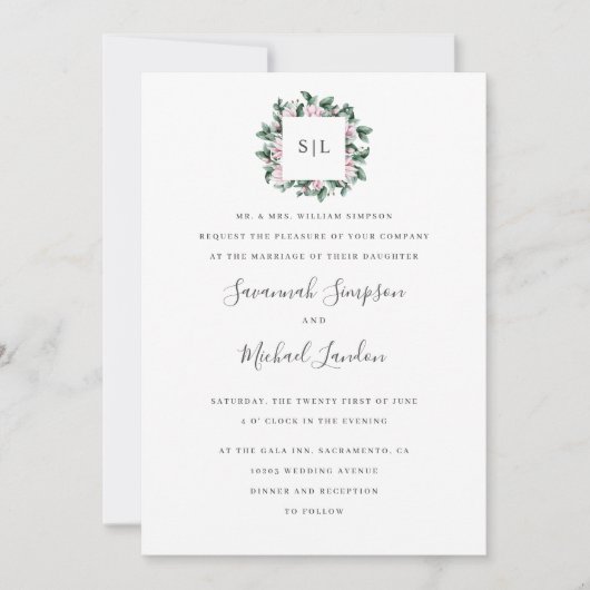 Invitation Mariage monogramme gris Magnolia Eucalyptus peint (Devant)