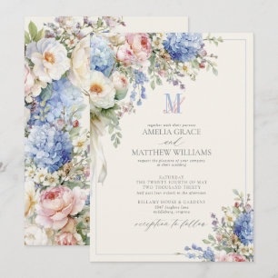 Invitation Mariage Monogramme Ivoire aux Hortensias Pastel Vi
