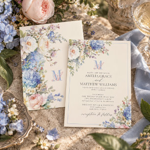Invitation Mariage Monogramme Ivoire aux Hortensias Pastel Vi