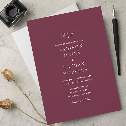 Invitation Mariage Monogramme minimal de mauve foncée