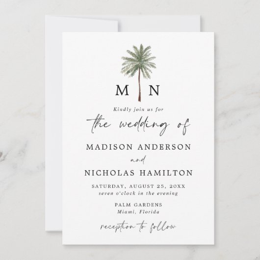 Invitation Mariage Monogramme minimal Palm Tree (Devant)