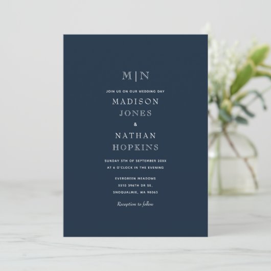 Invitation Mariage Monogramme minimum bleu (Debout devant)
