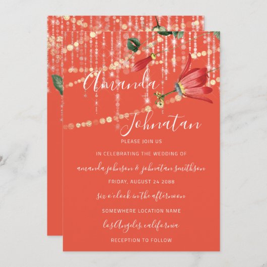 Invitation Mariage Monogramme Moderne Lumières Corail Vivant  (Devant / Derrière)