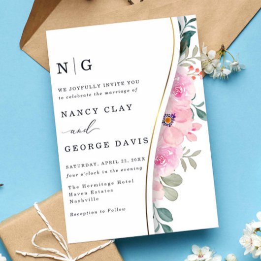 Invitation Mariage Monogramme moderne or rose