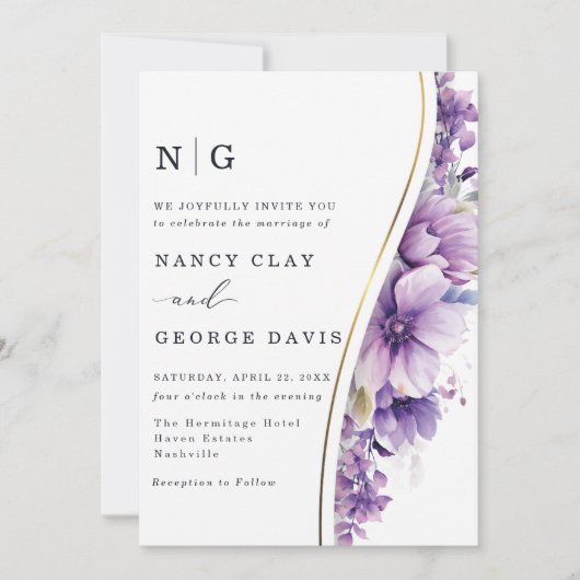 Invitation Mariage Monogramme moderne or violet Fleurs (Devant)