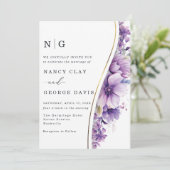 Invitation Mariage Monogramme moderne or violet Fleurs (Debout devant)